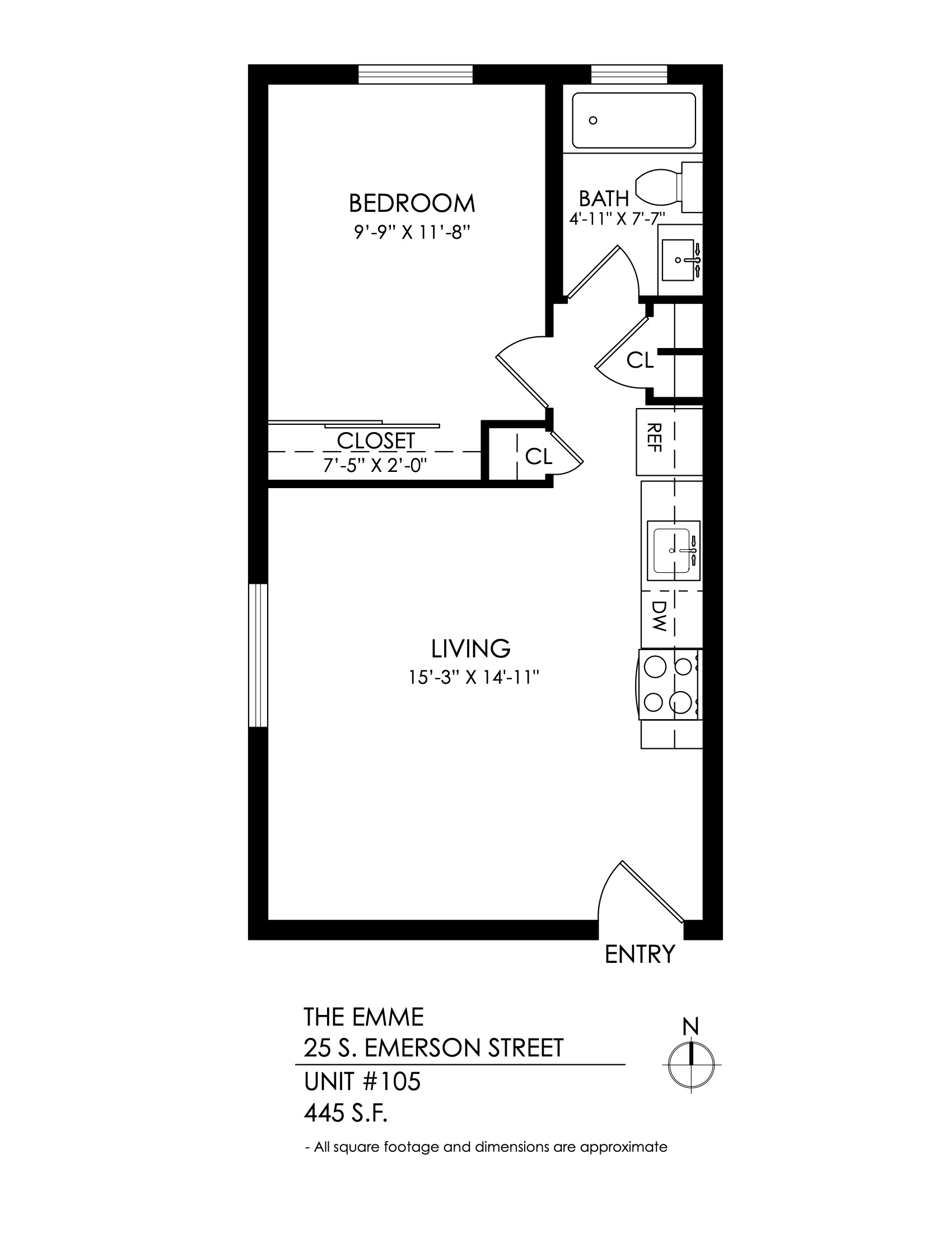 Floor plan for 1 bed, 1 bath, 445 sqft